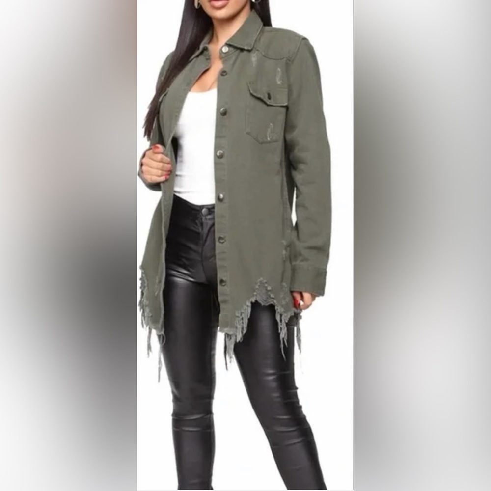 American Bazi Distressed Hem Utility Jacket in Olive